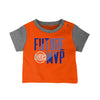 Infant Knicks 3 Piece Onesie, Tee and Short Set In Orange & Grey - Front View Of T-Shirt