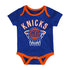 Infant Knicks 3 Piece Onesie, Tee and Short Set In Blue & Orange - Front View Of Onesie