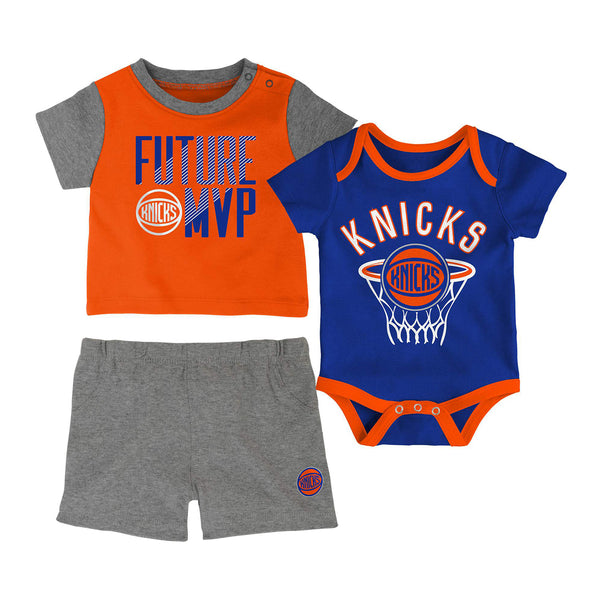 Infant Knicks 3 Piece Onesie, Tee and Short Set In Blue, Orange & Grey - Combined Front View