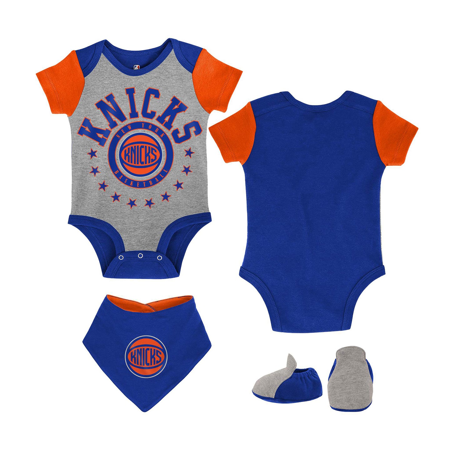 Newborn Knicks 3 Piece Onesie Bib and Bootie Set In Grey, Blue & Orange - Combined Front, Back, Bib and Booties View