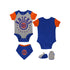 Infant Knicks 2-Piece Onesie Bib and Bootie Set In Grey, Blue & Orange - Combined View