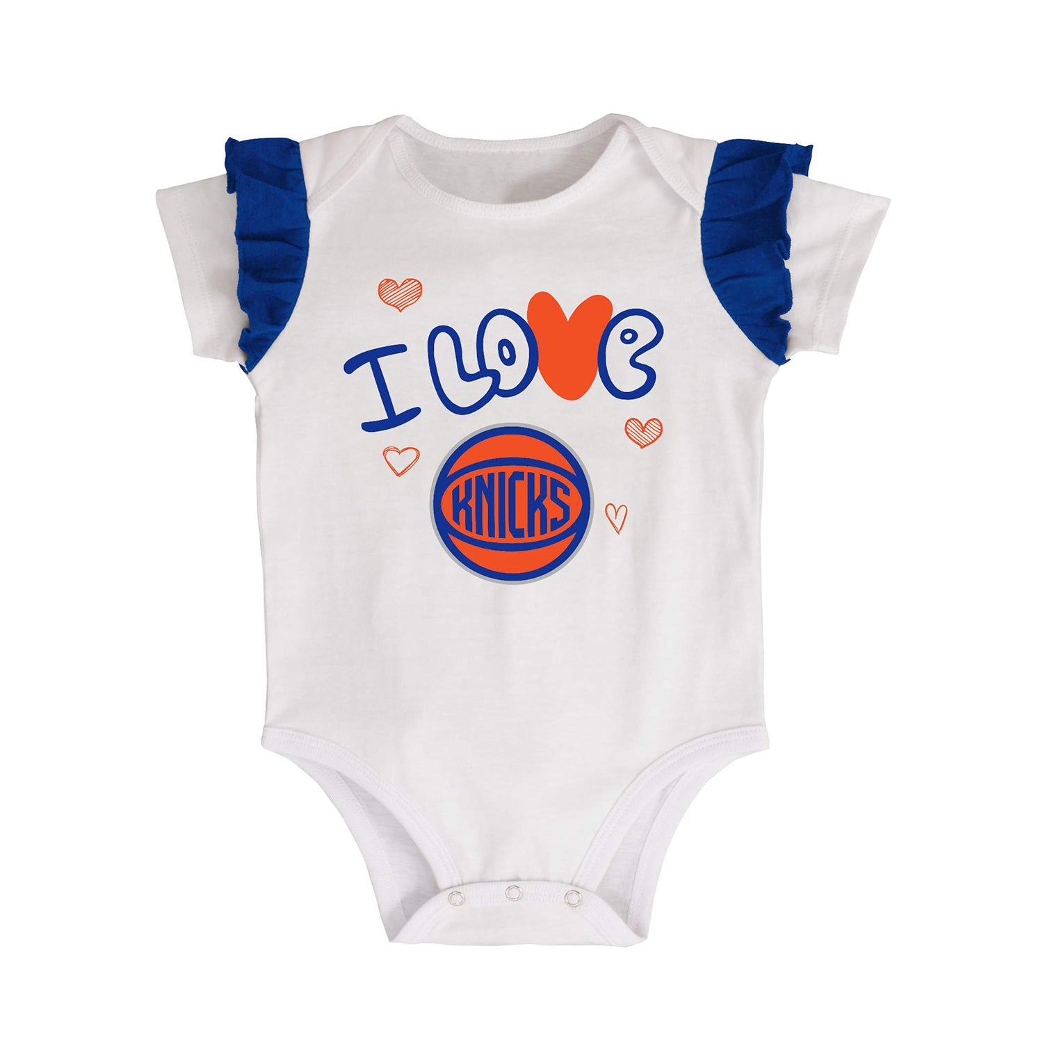Infant Knicks I Love Basketball Onesie and Pant Set In White & Blue - Shirt Front View