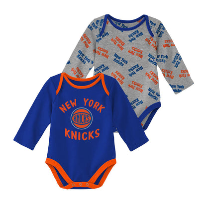 Newborn Knicks 2-Pack Long Sleeve Creeper Set In Blue, Orange & Grey - Combined Front View