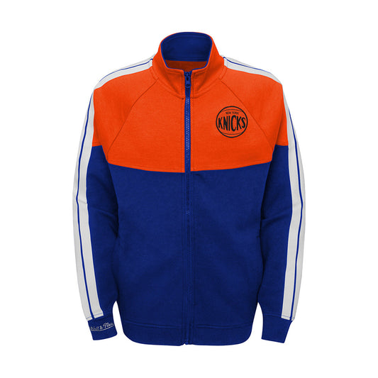 Mitchell & Ness Knicks Youth MVP Track Jacket In Blue, Orange & White - Front View