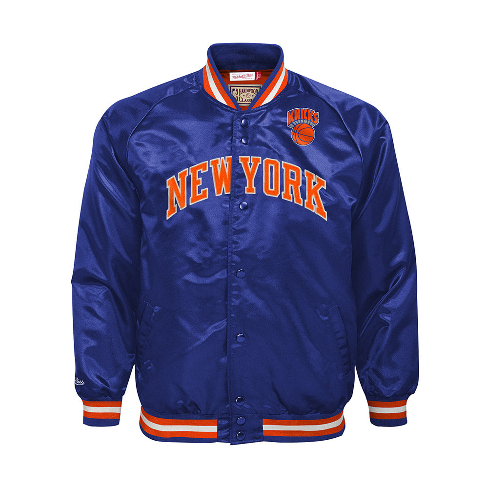 Mitchell & Ness Youth Knicks Satin Jacket In Blue, Orange & White - Front View