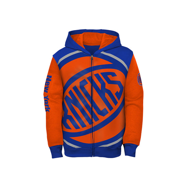 Kids Knicks Oversized Logo Full Zip Hoodie In Orange & Blue - Front View