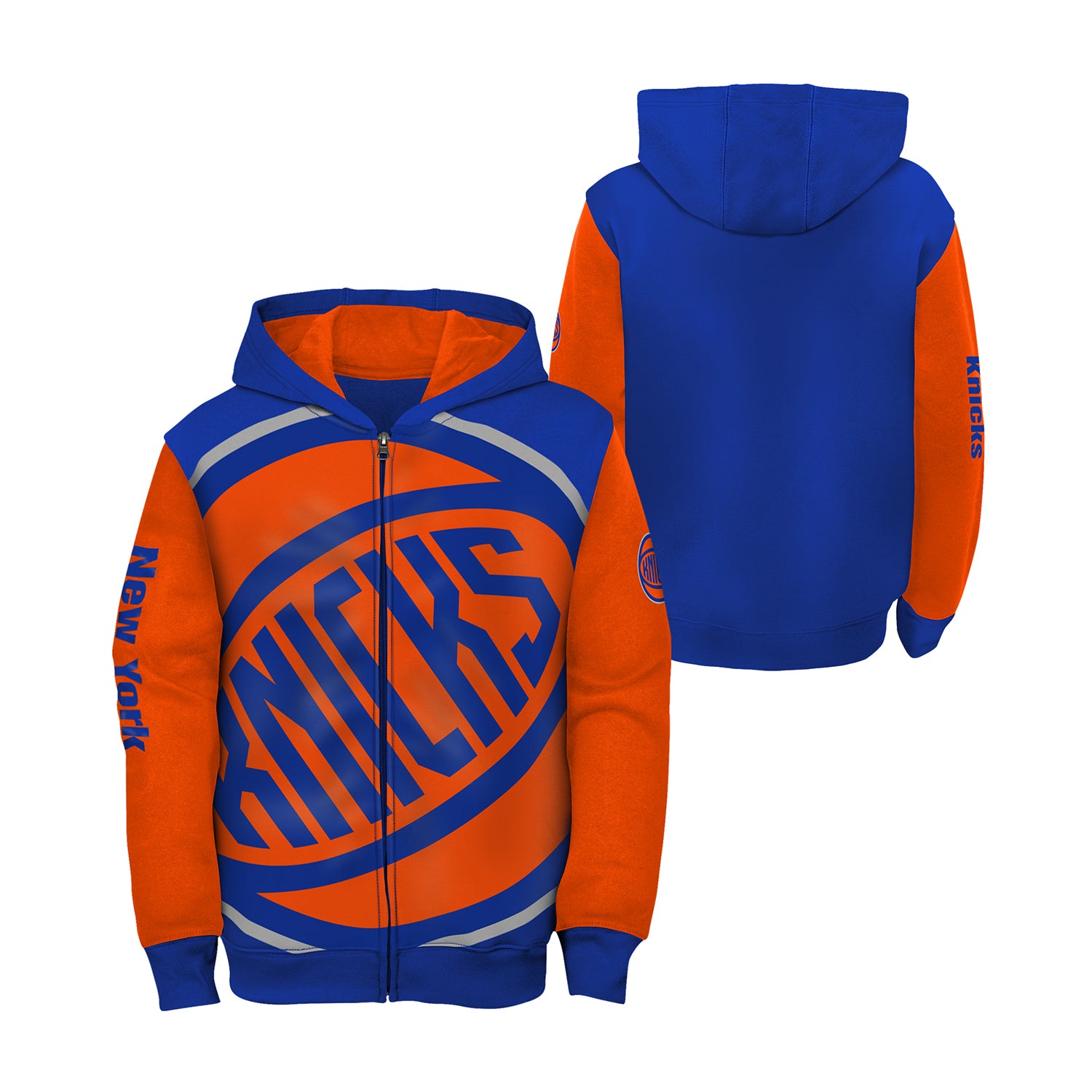 Youth Knicks Oversized Logo Full Zip Hoodie In Orange & Blue - Combined Front & Back View