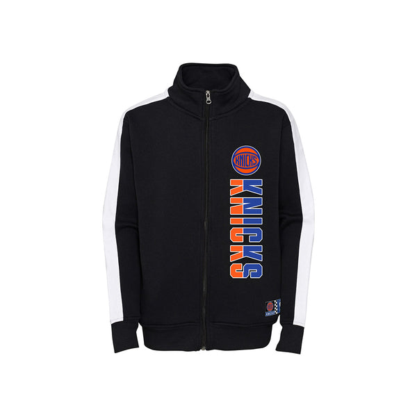 Kids Knicks Fleece Full Zip Up Jacket In Black, Orange, Blue & White - Front View