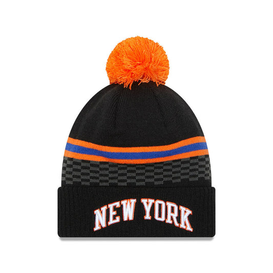 Youth New Era Knicks 21-22 City Edition Knit Pom Hat in Black and Orange - Front View