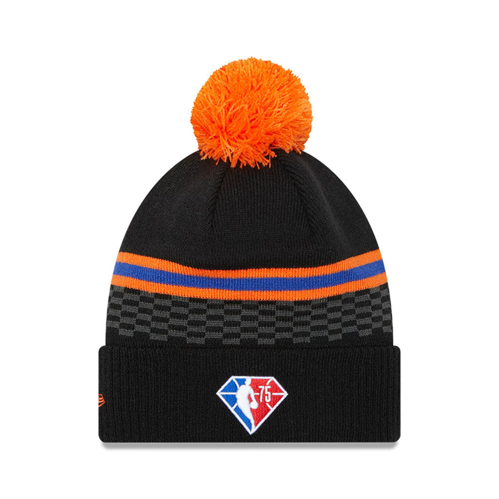 Youth New Era Knicks 21-22 City Edition Knit Pom Hat in Black and Orange - Back View