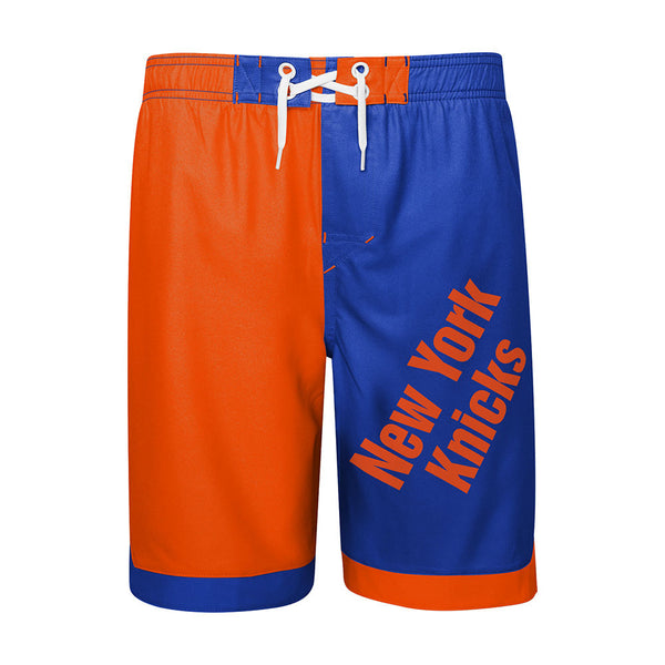 Youth Knicks Board Shorts in Blue and Orange - Front View