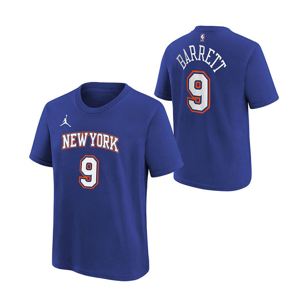Youth Nike Knicks RJ Barrett Statement N&N Tee in Blue - Front and Back View