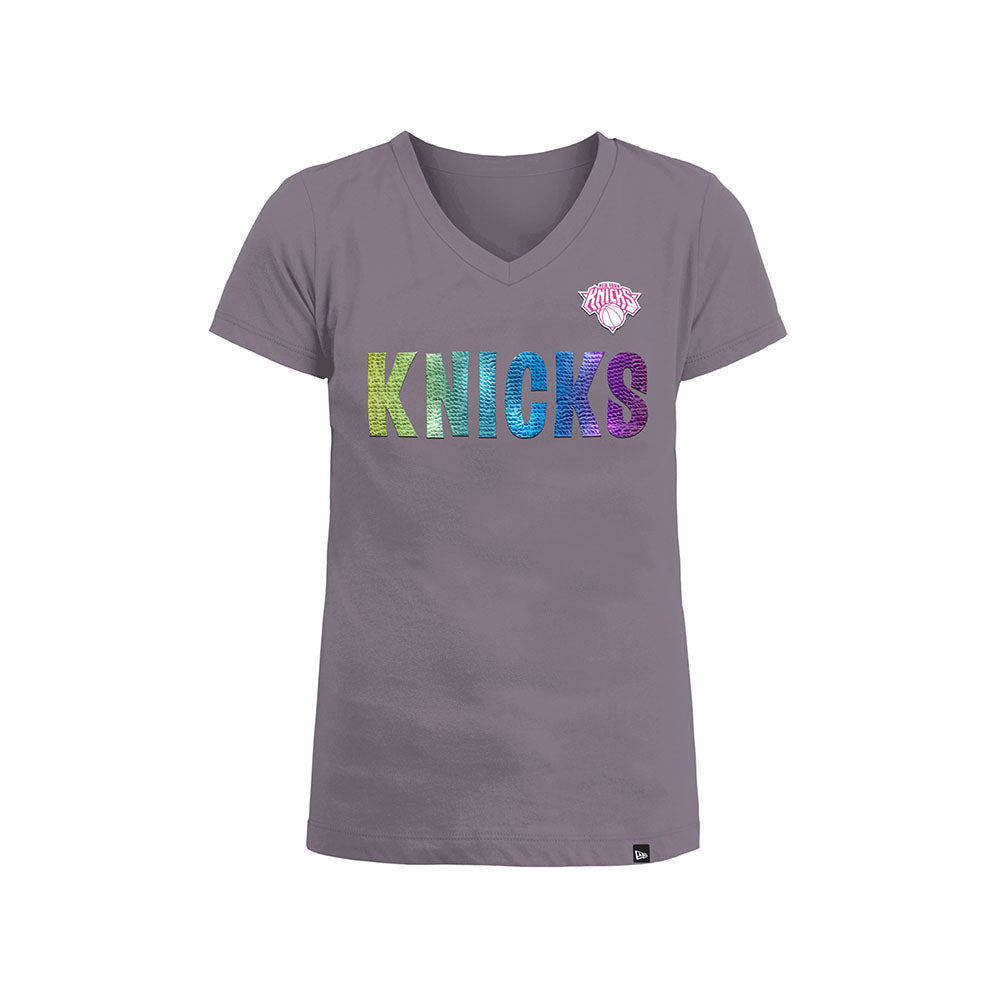 Girls New Era Knicks Flip Sequin Tee in Grey - Front View, Rainbow sequins