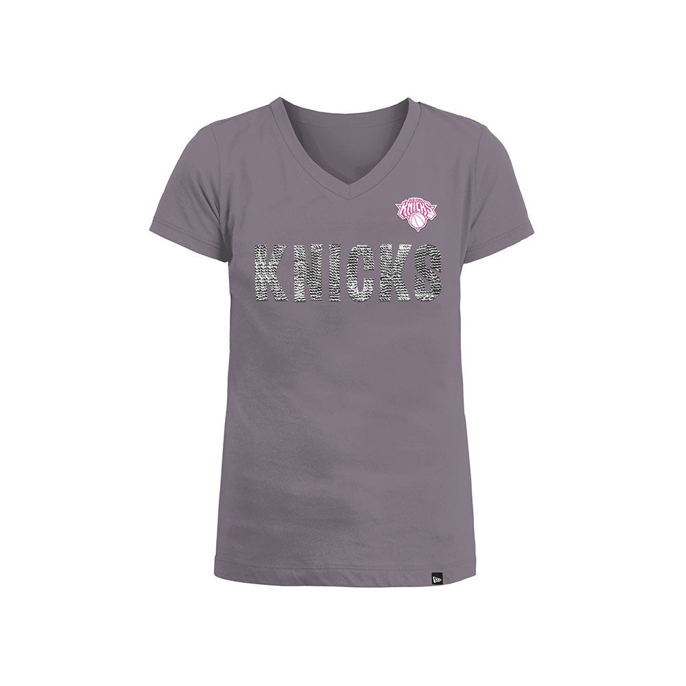 Girls New Era Knicks Flip Sequin Tee in Grey - Front View, Black and White sequins
