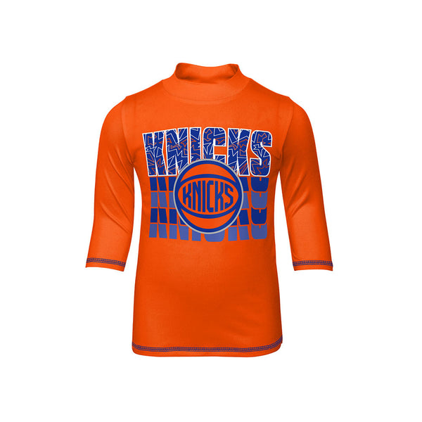 Kids Knicks Slip N Slide Rash Guard Top in Orange - Front View