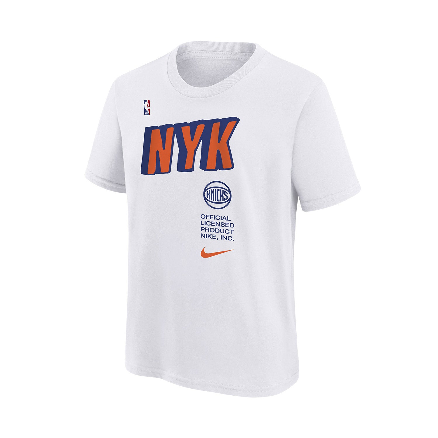 Kids Nike Knicks Essential Block NYK Cotton Tee In White, Orange & Blue - Front View