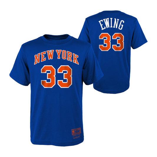 Mitchell & Ness Knicks Youth Patrick Ewing Name & Number Tee In Blue - Combined Front & Back View