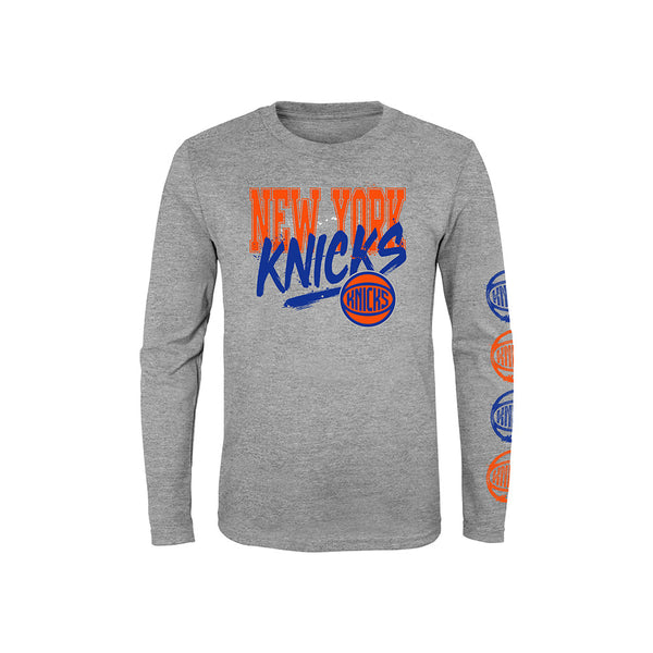 Kids Knicks Busy Long Sleeve Tee In Grey - Front View