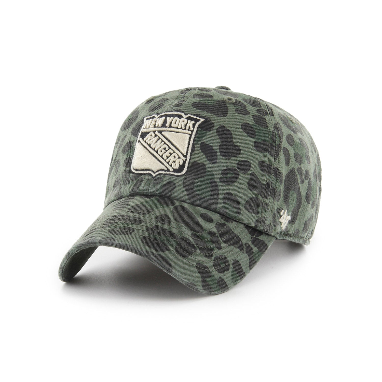 Women's '47 Brand Rangers Bagheera Camo Clean Up Hat In Green & Black - Angled Left Side View