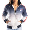 Women's Wild Collective Rangers Puffer Jacket In White, Blue & Red - Front View On Model