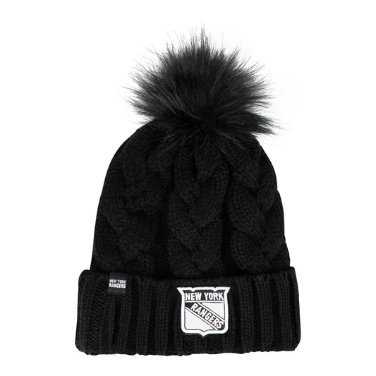 Women's New Era Rangers Exclusive Cable Knit Pom Beanie Black - Front View