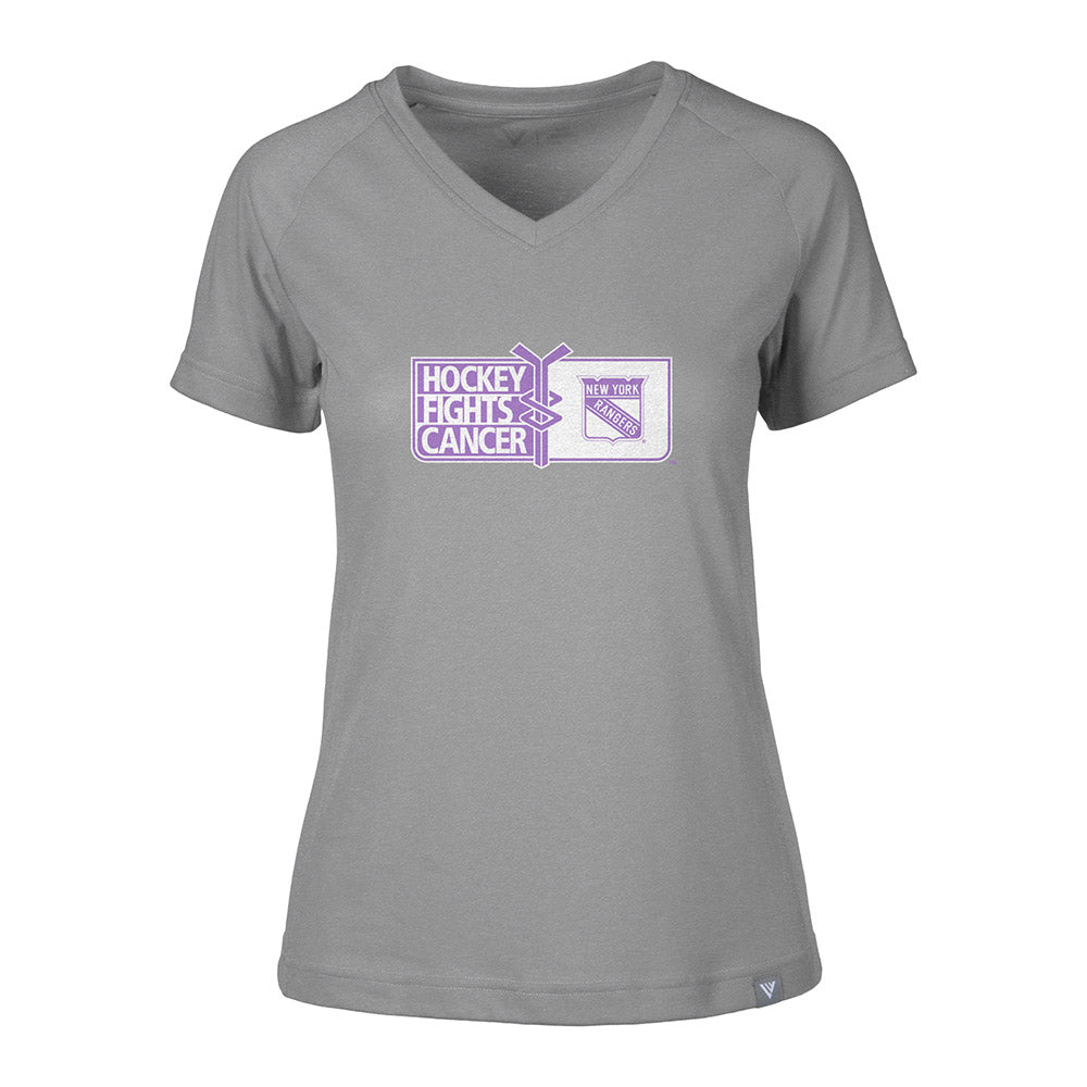 Women's Rangers Hockey Fights Cancer T-shirt in Grey - Front View