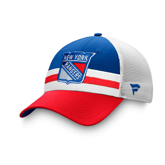 Fanatics Rangers Authentic Pro Draft Structured Adjustable Trucker Hat in Red, White and Blue - Left View