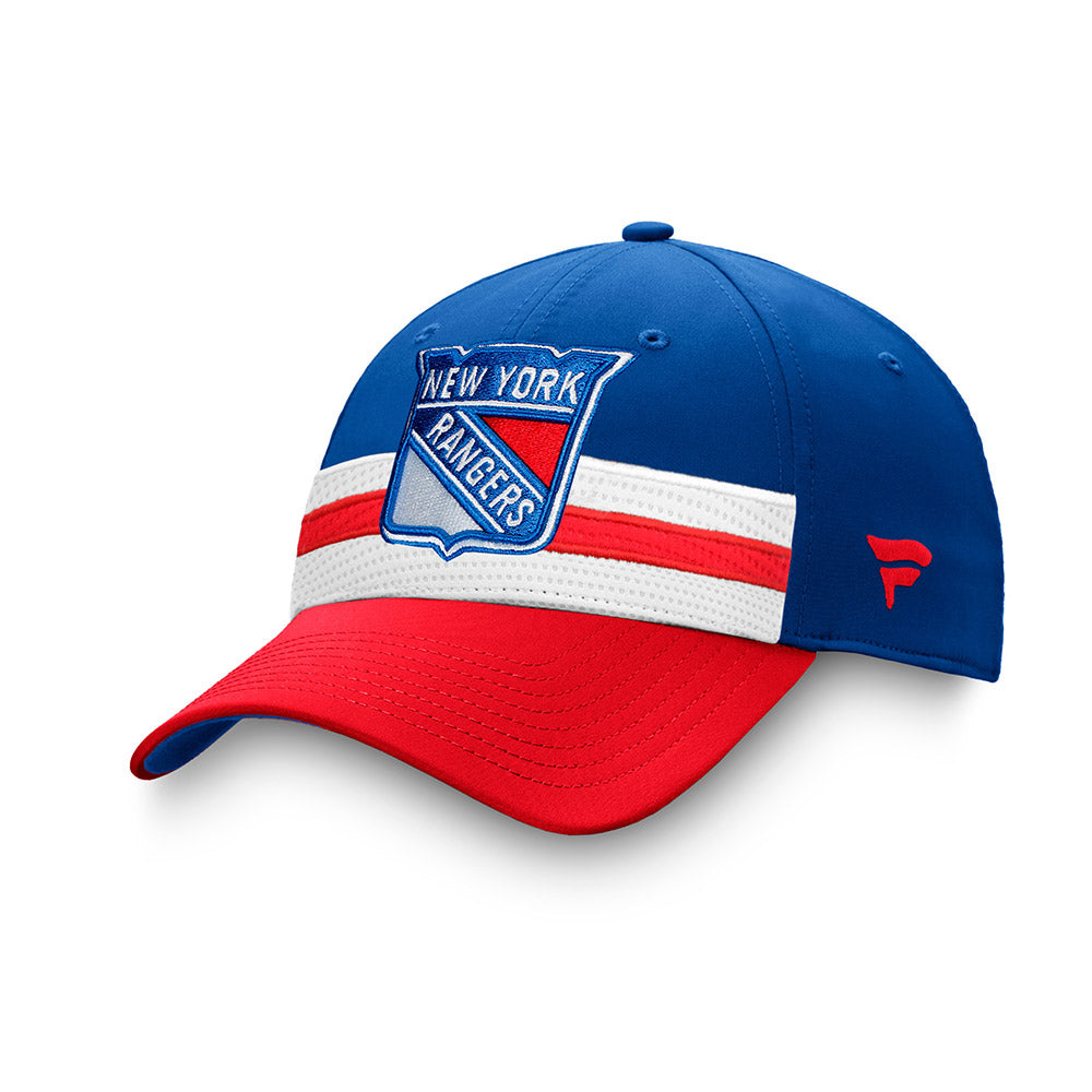 Fanatics Rangers Authentic Pro Draft Royal Flex Hat in Red, White and Blue - Left View