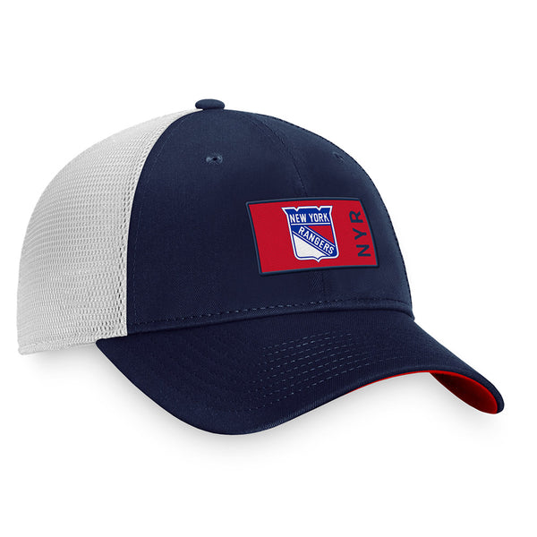 Fanatics Rangers Authentic Pro Structured Trucker Hat In Blue, Grey & Red - Angled Right Side View