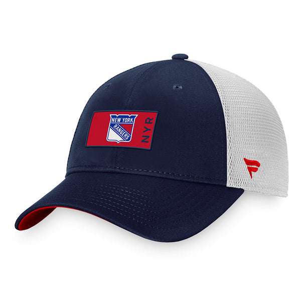 Fanatics Rangers Authentic Pro Structured Trucker Hat In Blue, Grey & Red - Angled Left Side View