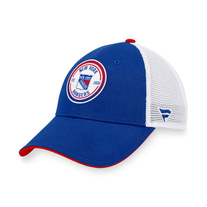 Fanatics Rangers Iconic Gradiant Trucker Hat In Blue, White & Red - Angled Left Side View