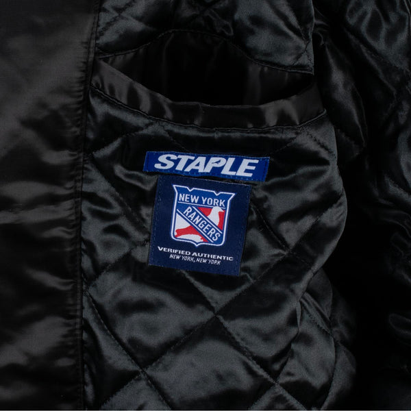 GIII Starter Rangers Exclusive Staple Satin Jacket In Black - Zoom View On Inside Patch