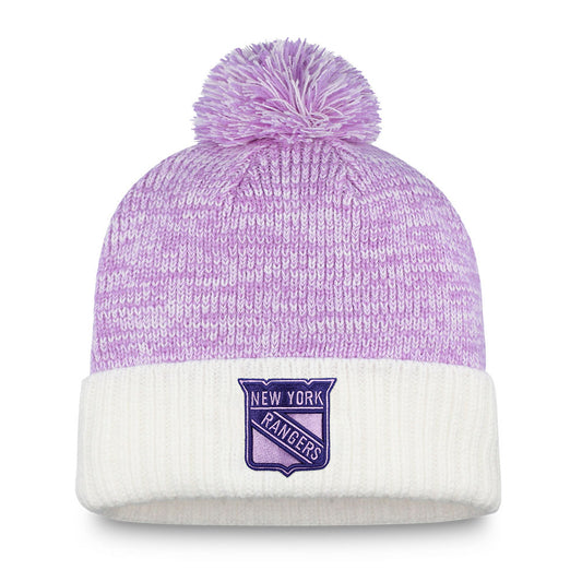 Fanatics Rangers 21-22 Hockey Fights Cancer Pom Beanie in White and Purple - Front View