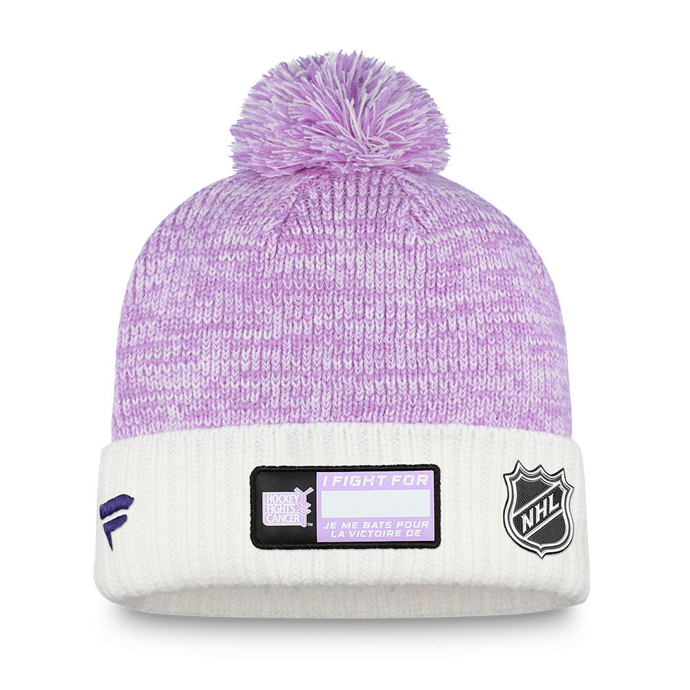 Fanatics Rangers 21-22 Hockey Fights Cancer Pom Beanie in White and Purple - Back View