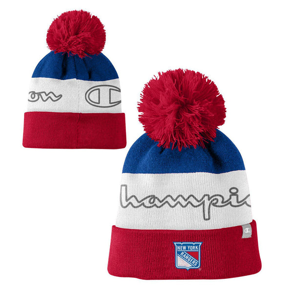 Champion Rangers Stripe Jacquard Beanie w/ Pom in Red, White and Blue - Front and Back View