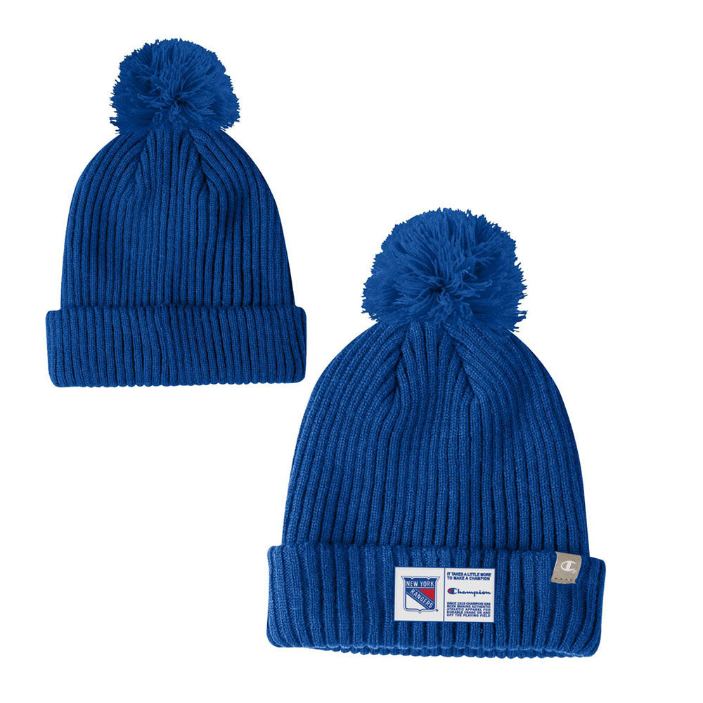 Champion Rangers Rib Knit Beanie w/ Pom in Blue - Front and Back View