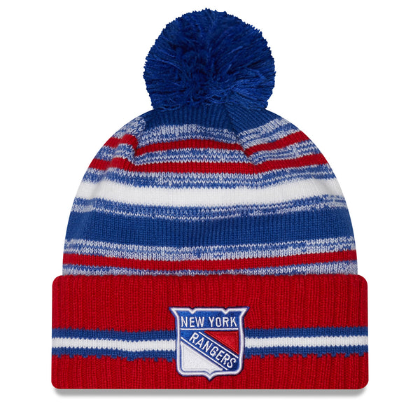 New Era Rangers Sport Pom Knit Beanie In Red, Blue & White - Front View