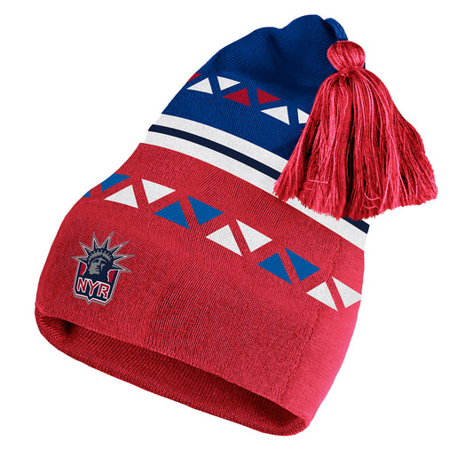 Adidas Rangers Reverse Retro 2022 Pom Beanie In Red, Blue & White - Angled Left Front View