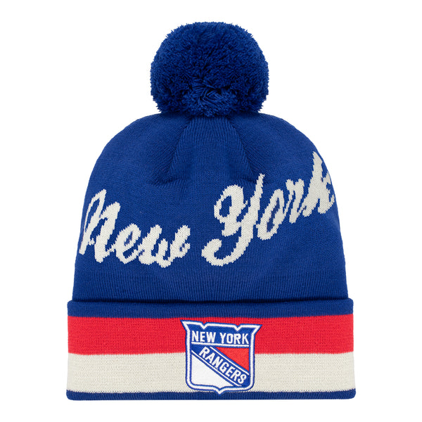 CCM Rangers New York Script Pom Beanie In Blue, Red & White - Front View