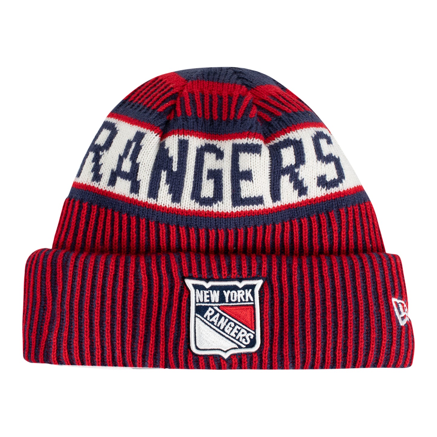 New Era Rangers Exclusive Striped Beanie In Red - Front View