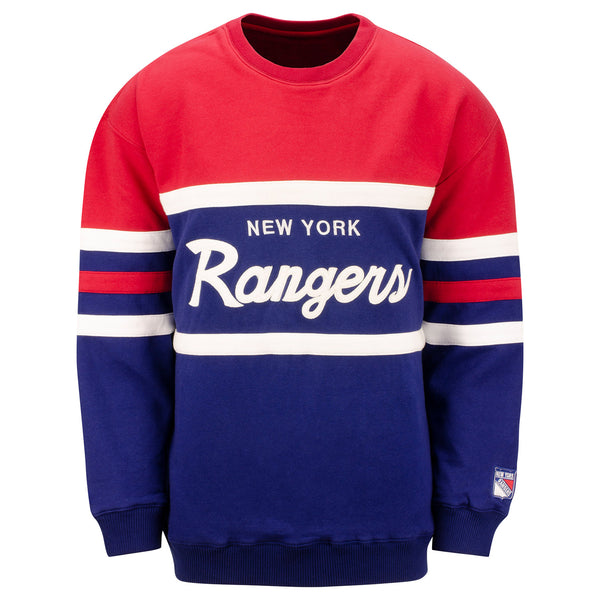 Mitchell & Ness Rangers Big & Tall Head Coach Fleece Crewneck Sweatshirt In Blue, Red & White - Front View