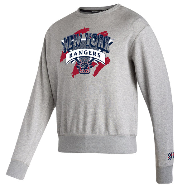 Adidas Rangers Reverse Retro 2022 Vintage Crew Sweater In Grey, Blue, White & Red - Front View