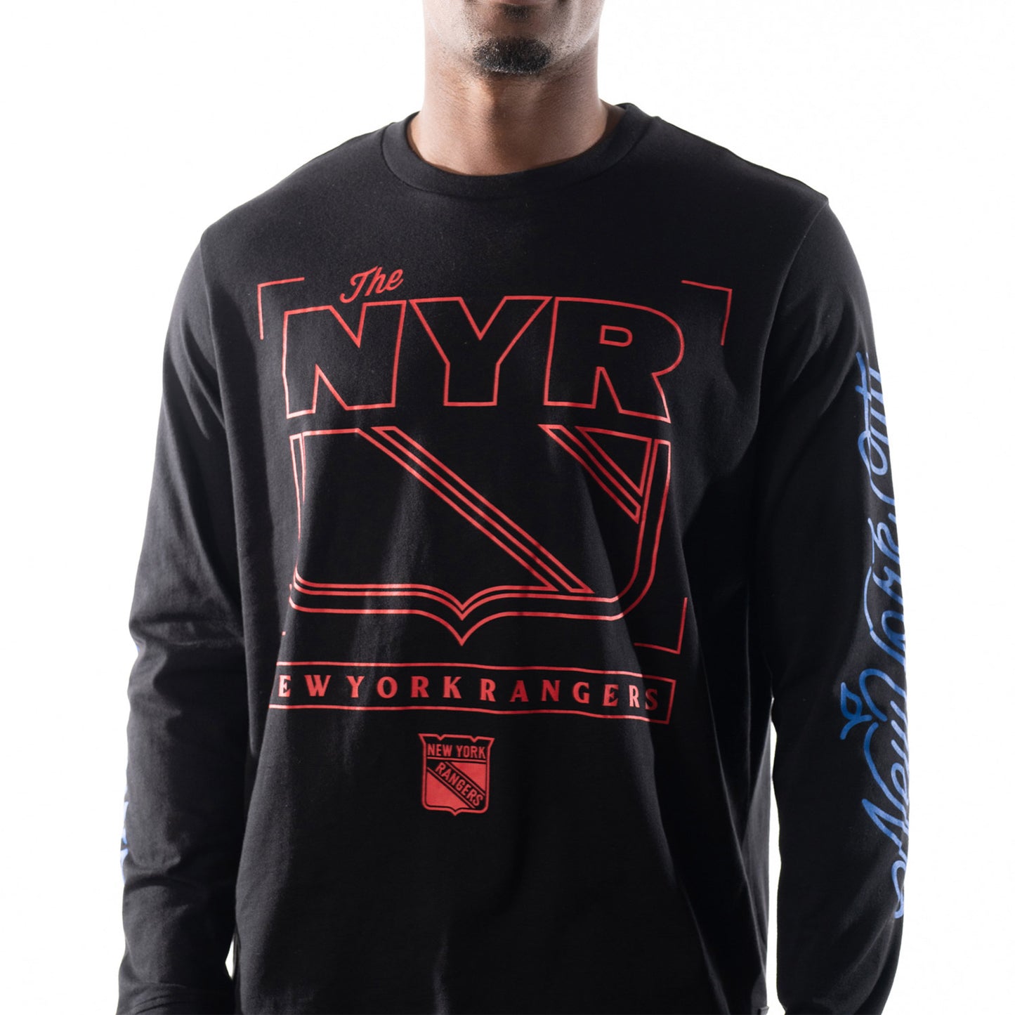 Wild Collective Rangers Long Sleeve Tee In Black, Red & Blue - Front View On Model