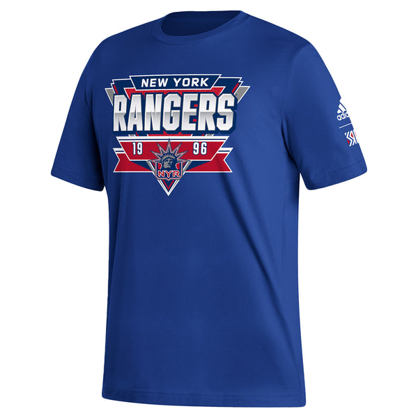 Adidas Rangers Reverse Retro 2022 Fresh Tee In Blue, Red & White - Front View