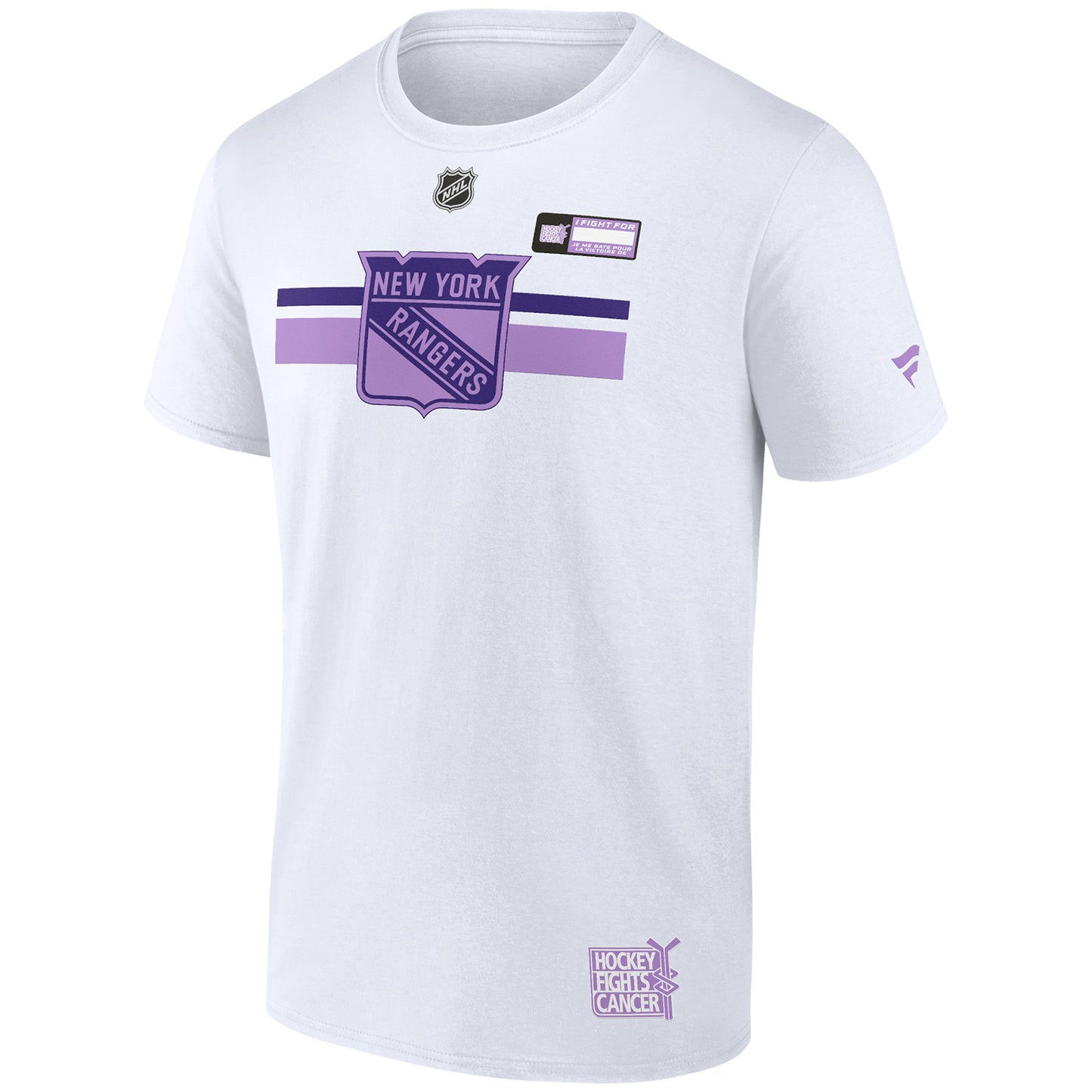 Fanatics Rangers Authentic Pro Hockey Fights Cancer Tee In White & Purple - Front View