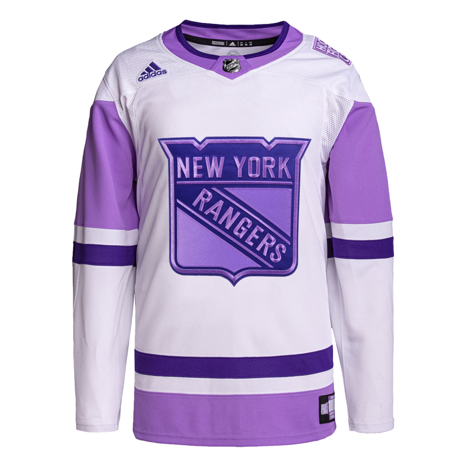 Adidas Rangers Hockey Fights Cancer 22-23 Authentic Blank Jersey In White & Purple - Front View