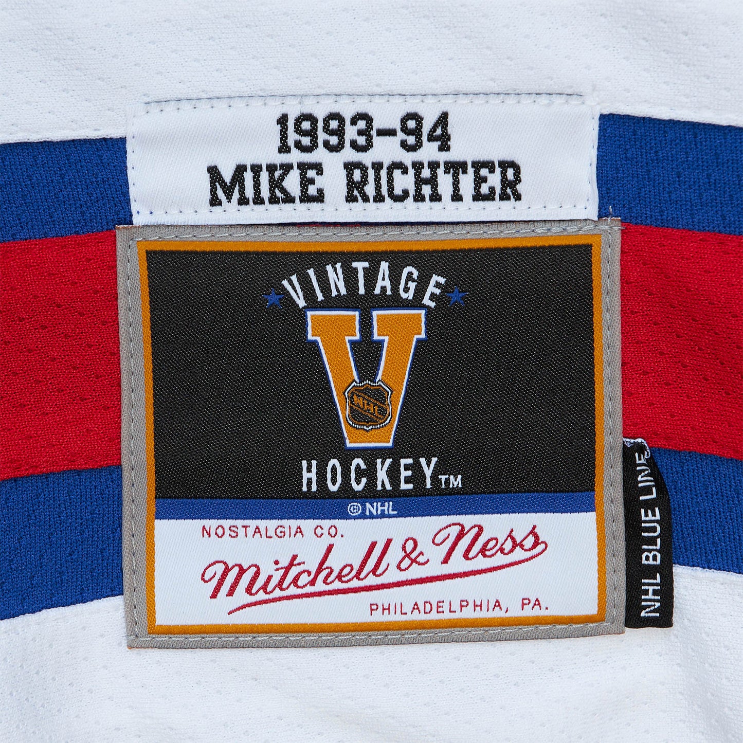 Mitchell & Ness Rangers Mike Richter 1993 Home Jersey In Blue - Zoom View On Left Hip Graphic