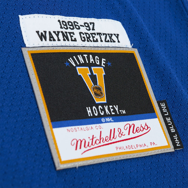 Mitchell & Ness Rangers Wayne Gretzky 1996 Alternate Jersey In Blue - Zoom View On Left Hip Graphic