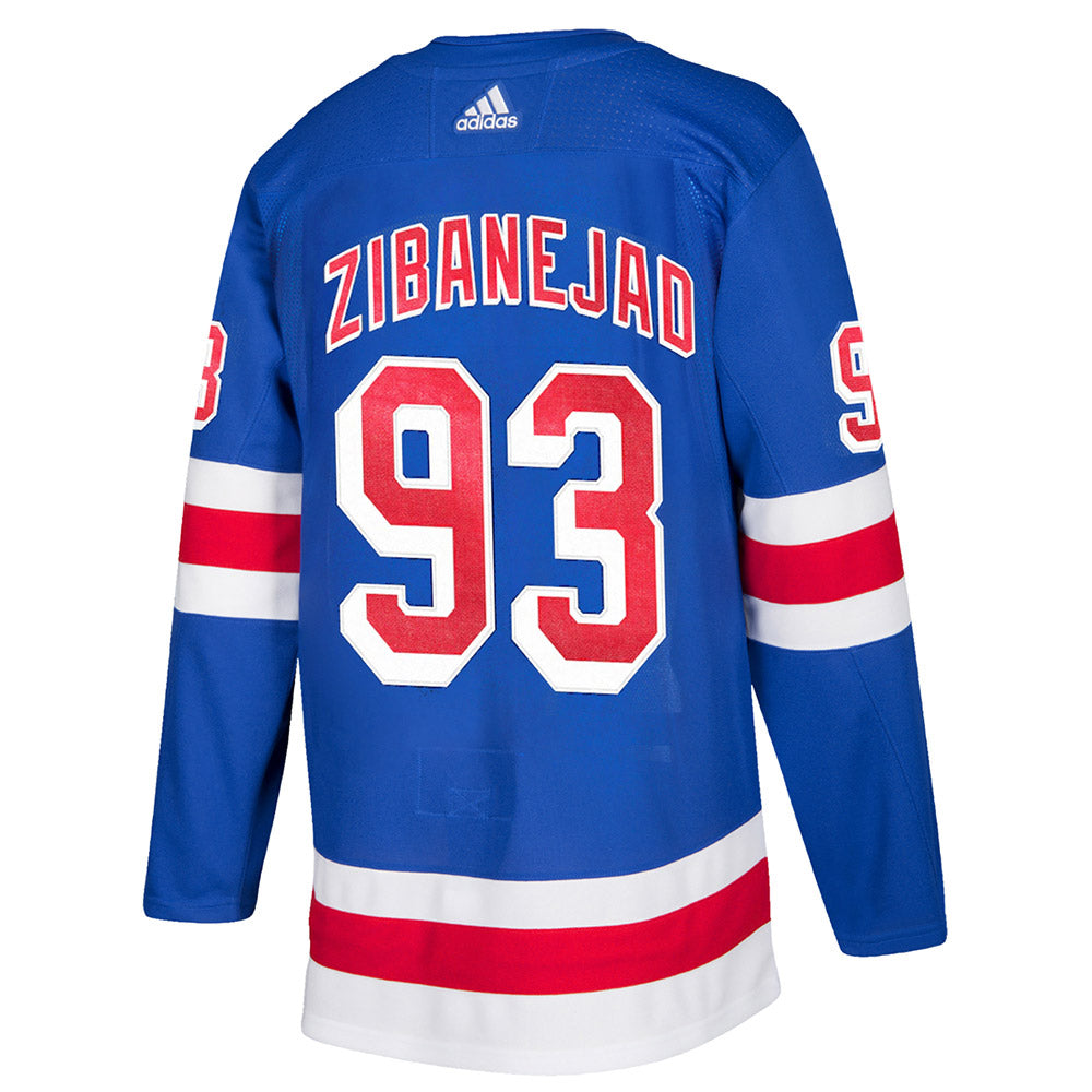 Mika Zibanejad Adidas Authentic Home Jersey in Blue, Red, and White - Back View