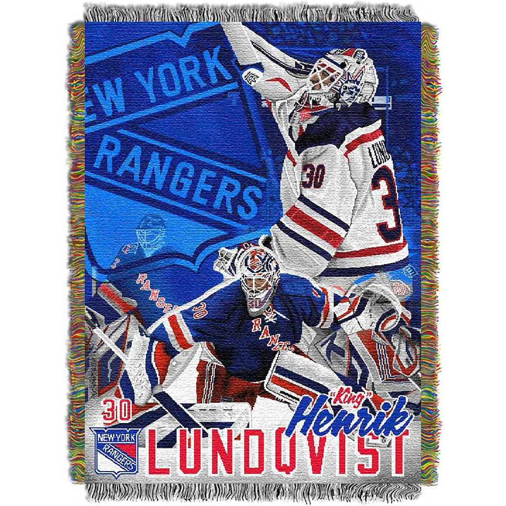 New York Rangers Lundqvist Woven Tapestry Throw in Blue - Front View
